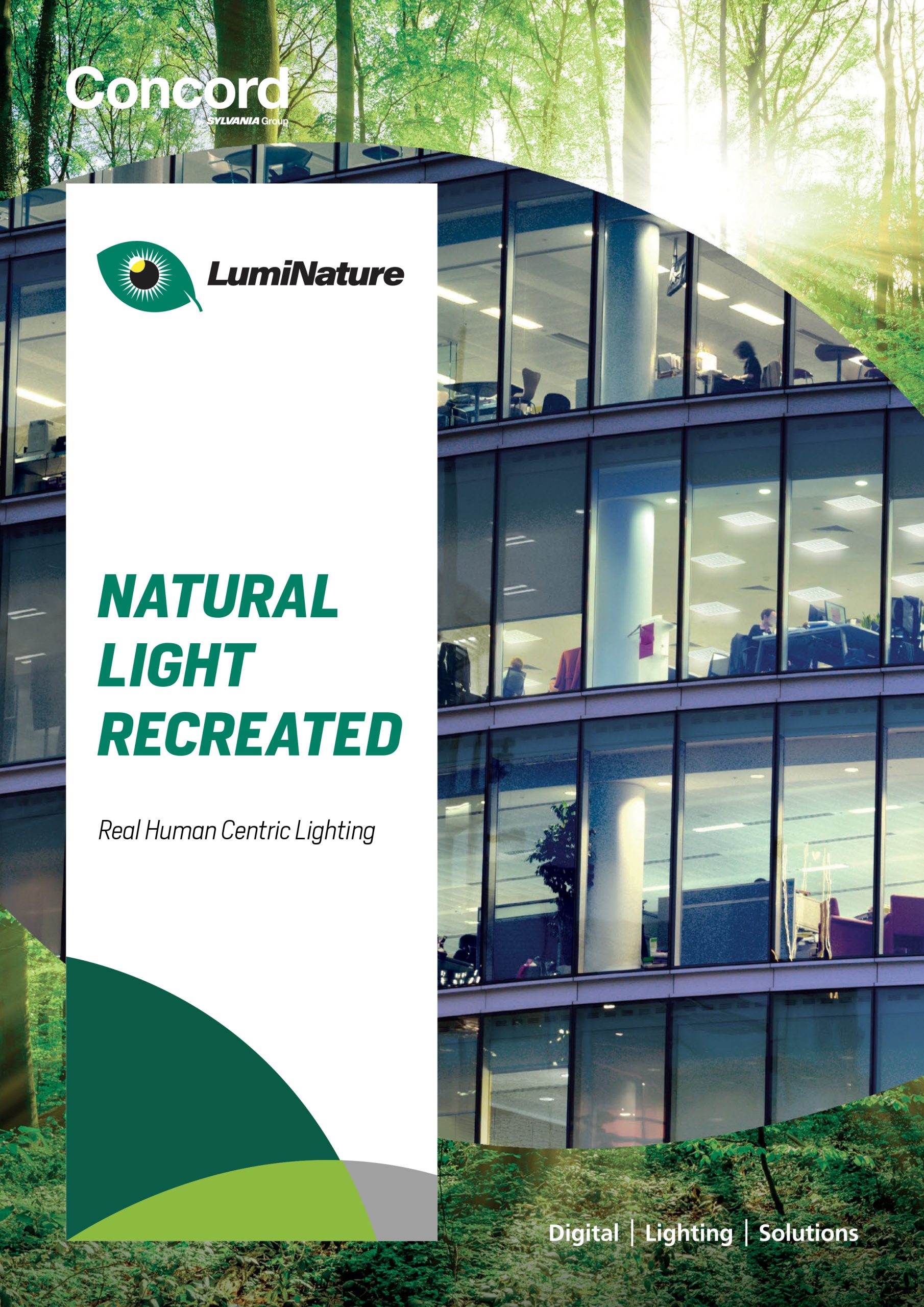 A marketing brochure cover for Concord LumiNature featuring a composite image of a modern glass office building merged with a sunlit forest, with the headline "NATURAL LIGHT RECREATED."