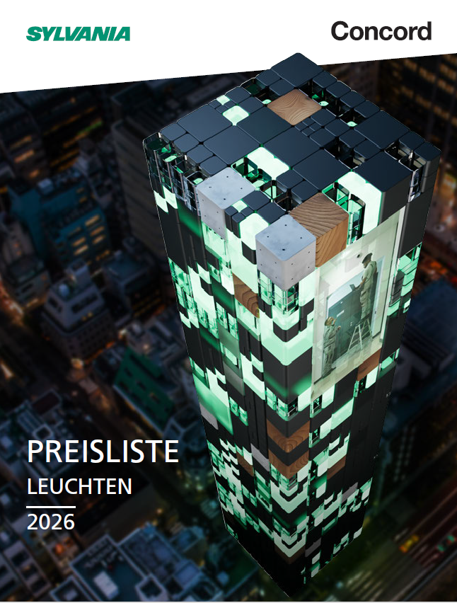 sylvania-concord-preisliste-leuchten-2026-lighting-catalog-cover Promotional cover image showing a futuristic illuminated building structure with Sylvania Concord branding and the text “Preisliste Leuchten 2026.”