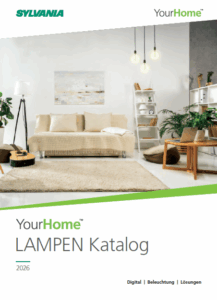 Bright modern living room with beige sofa, pendant light bulbs, indoor plants, wooden furniture, and minimalist decor, displayed on a Sylvania YourHome catalog cover.