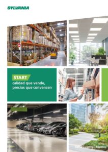 Promotional brochure layout featuring warehouse lighting, retail shelving, parking garage, and outdoor park scenes with Sylvania branding and product messaging.