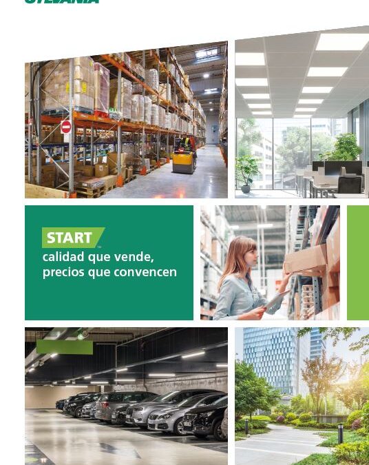 Promotional brochure layout featuring warehouse lighting, retail shelving, parking garage, and outdoor park scenes with Sylvania branding and product messaging.