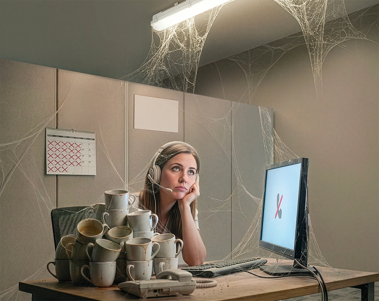 Office cubicle scene with a person wearing a headset sitting at a desk covered in stacked coffee cups, surrounded by cobwebs and lit by a single overhead fluorescent light.