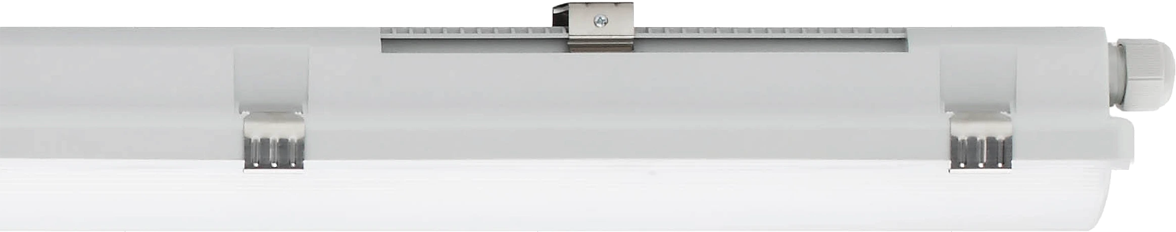 White linear LED light fixture with mounting clips and end cable connector, displayed against a plain background.