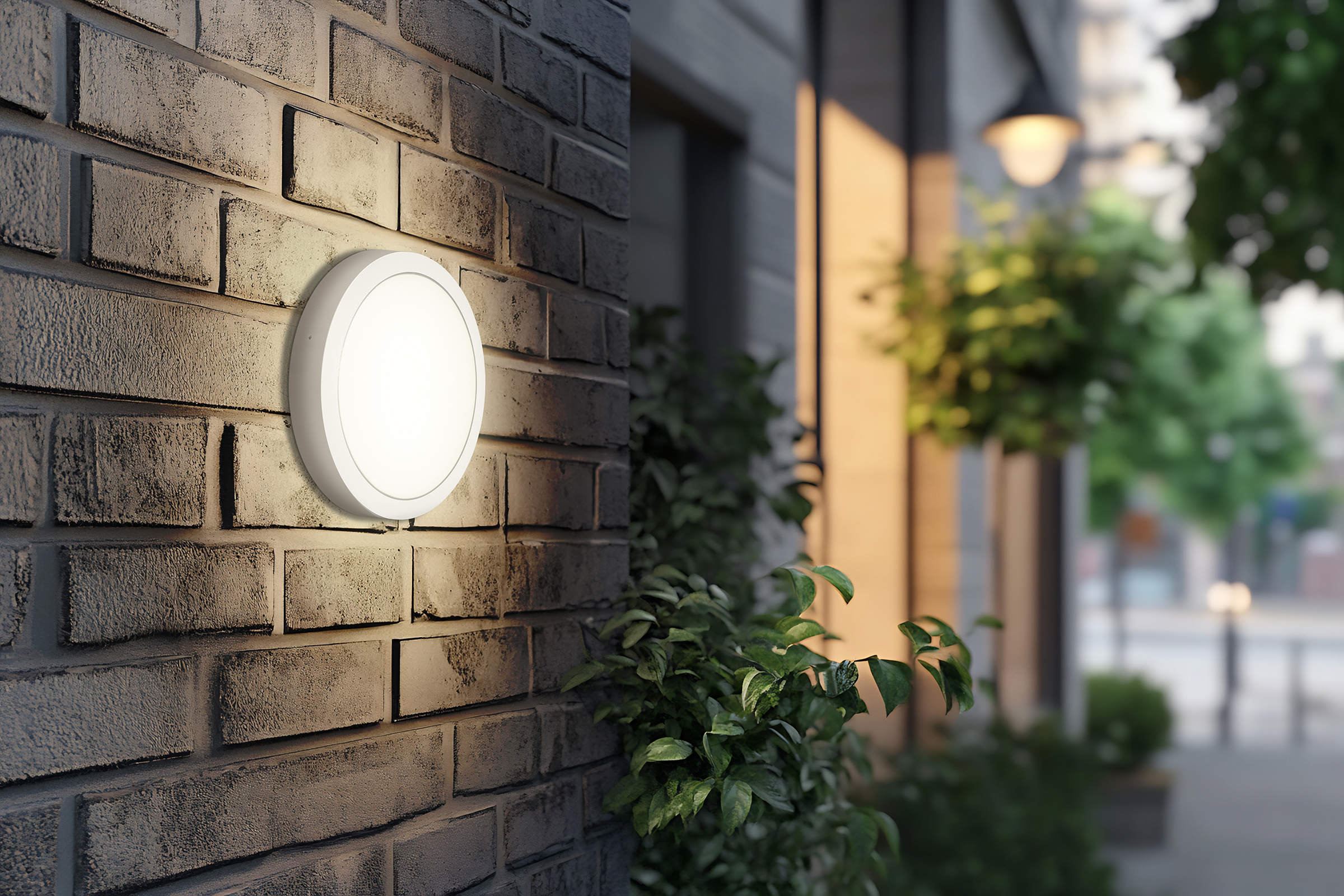 Mockup of a modern round wall light mounted on a brick wall with Novella BFR
